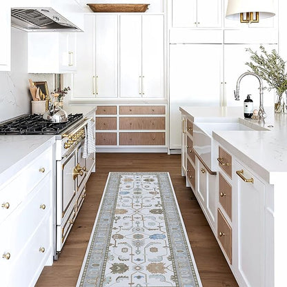 Fame Living Cream Grey Oushak Runner Rug, Modern Runners, Turkish, Eclectic, Floral, Pastel, Washable, Small Rugs, Short Runner for Hallway, Entryway, Laundry, Bedroom, Kitchen, Bathroom, 2'5"x6'5"