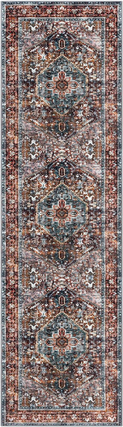 KOZYFLY Area Rug 3x10 Ft Washable Boho Runner Rug for Entryway Hallway Indoor Printed Faux Wool Carpet for Bedroom Kitchen Hall, Brick Red/Orange/Green