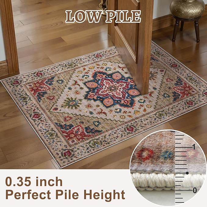 Tangsoo Vintage Small Rug 2x3 Washable Rugs for Entryway Non-Slip Oriental Low Pile Rug for Front Door, Kitchen, Indoor, Accent Throw Small Area Rug, Door Mat for Entrance, Soft Boho Beige/Red