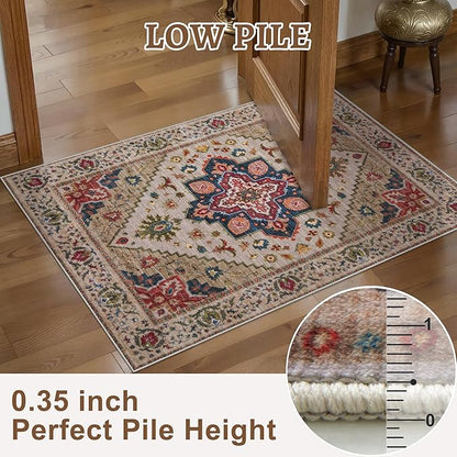 Tangsoo 5x7 Area Rug Washable Rugs for Living Room, Vintage Indoor Non Slip Large Area Rugs, Print Carpet, Soft Low Pile Rug Foldable Floor Rug for Bedroom Dining Room Dorm Beige/Red
