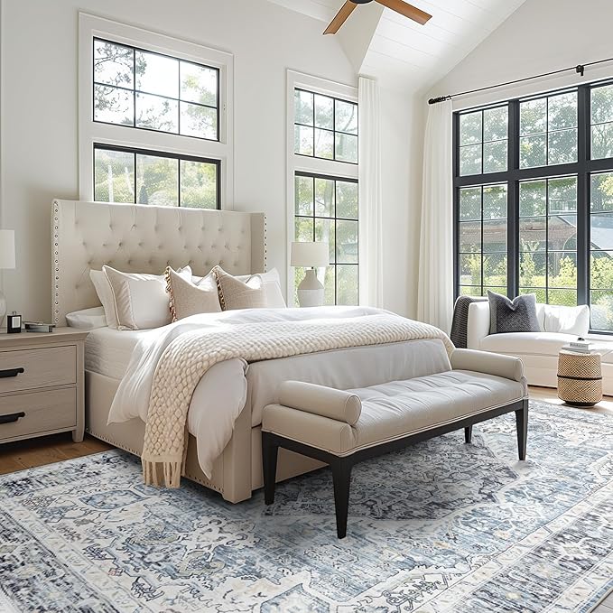 Area Rug 5×7, Vintage Boho Rug,Ultra-Soft Low Pile, Washable, Non Slip,Stain Resistant Printed Carpet for Living Room Bedrooms Playroom Office Kitchen, Light Blue
