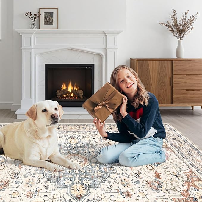 2x3 Rug Small Area Rugs: Washable Boho Neutral Vintage Soft Indoor Floor Oriental Carpet Farmhouse Distressed Low Pile Non Slip Throw Carpet for Kitchen Entryway Bedroom Nursery Entry- Beige Blue