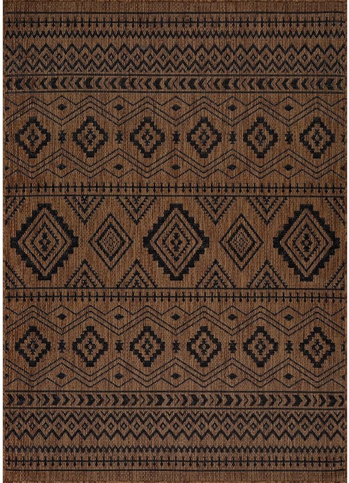 Beverly Rug Waikiki Boho Indoor Outdoor Rug 8x10, Washable Outside Carpet for Patio, Deck, Porch, Bohemian Area Rug, Farmhouse Rugs, Aztec Tribal Rug, Nut Brown and Black