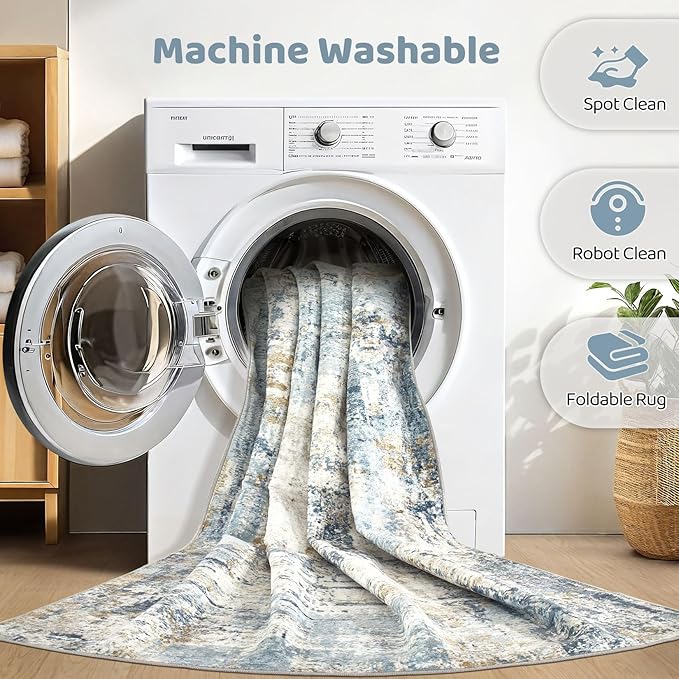 Runner Rug Non Slip Rugs: 3x10 Hallway Kitchen Washable Abstract Soft Modern Stain Resistant Indoor Floor Neutral Accent Throw Carpet for Bathroom Laundry Room Entryway Bedroom- Blue