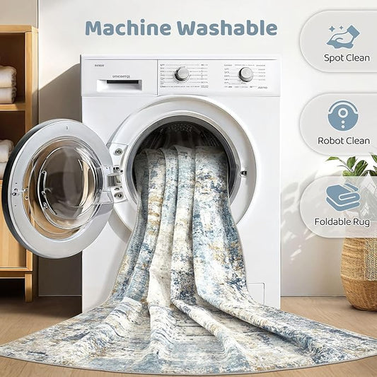 9x12 Area Rug Living Room: Washable Large Abstract Modern Soft Stain Resistant Indoor Floor Rugs Non Slip Accent Carpet for Bedroom Nursery Playroom Office Dining Room Dorm Home House- Blue