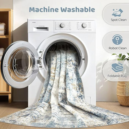 6x8 Area Rug Living Room: Washable Large Abstract Modern Soft Rugs Stain Resistant Indoor Floor Non Slip Accent Carpet for Bedroom Nursery Playroom Office Dining Room Dorm Home House- Light Blue