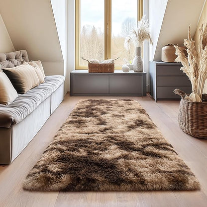 Shaggy Rugs Fluffy Rug, Plush Area Rugs for Living Room Nursery Home Decor, Tie-Dyed Brown Anti-Skid Rectangular Fuzzy Rug 2x6Feet