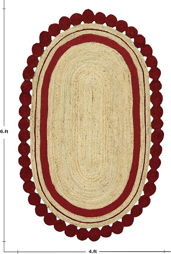 4x7 Kilim Oval Rug – Flatweave Hand Braided Jute, 0.27" Thick, Solid Red Beige Handmade Boho Style Carpet for Bedroom, Living Room, Dining Room – Oval Design
