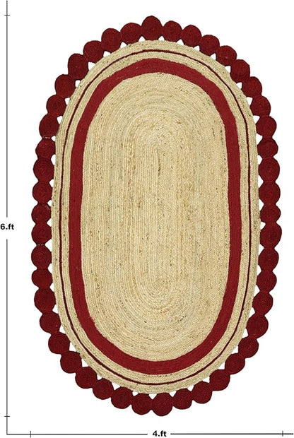 2x8 Oval Jute Runner – Flatweave Kilim Style, Hand Braided Natural Jute, 0.27" Thick, Solid Red Beige Handmade Boho Carpet for Hallway, Kitchen, Entryway
