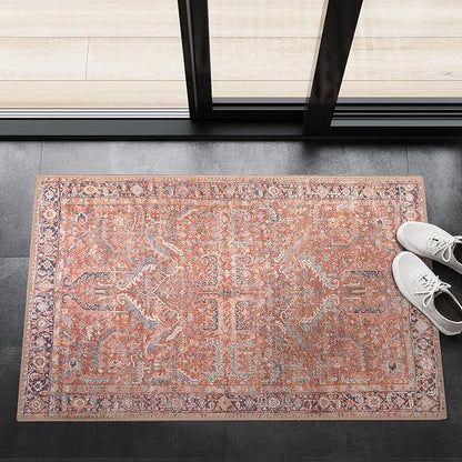 GLN Rugs Traditional Collection - Machine Washable Area Rug, Traditional Washable, Non Slip, Low Pile Chenille Rug, Living Room, Bedroom, Kitchen Rug (2' x 3' Terra/Multicolor 1168)