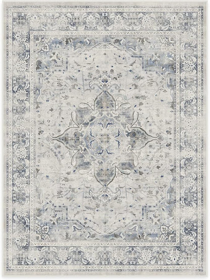 RUGGABLE Washable Vintage Area Rug – Sarrah Blue Quartz 9x12, Stain-Resistant, Non-Slip – Large Machine Washable Rugs for Living Room, Bedroom, Hallway, Entryway & Office–with Standard Pad