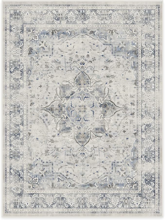 RUGGABLE Washable Vintage Area Rug – Sarrah Blue Quartz 9x12, Stain-Resistant, Non-Slip – Large Machine Washable Rugs for Living Room, Bedroom, Hallway, Entryway & Office–with Cushioned Pad
