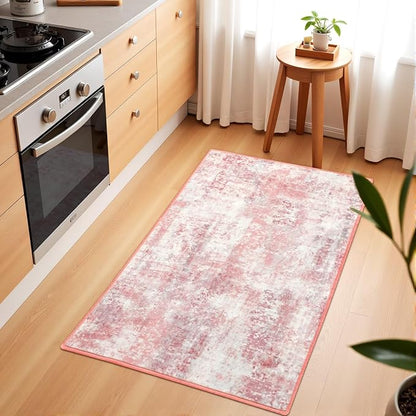 Washable Abstract Rug, 2x3 Small Modern Area Rugs with Non-Slip Rubber Backed for Kitchen, Thin but Soft Throw Carpet Bedroom Entryway Front Door Decor, Pink