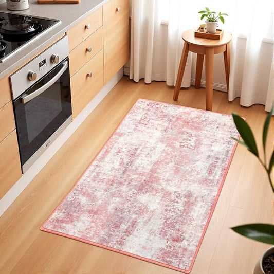Washable Abstract Rug, 2x3 Small Modern Area Rugs with Non-Slip Rubber Backed for Kitchen, Thin but Soft Throw Carpet Bedroom Entryway Front Door Decor, Pink