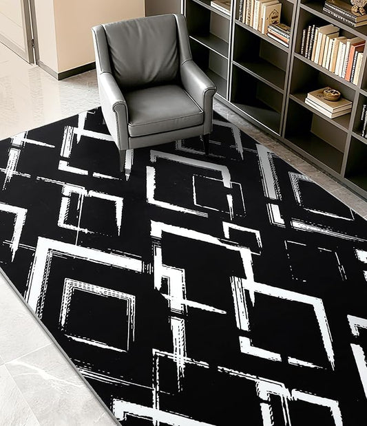 YIHOUSE Black Modern Geometric Area Rug 5x7, Black and White Rug with Abstract Diamond Patterns,Non-Shedding Washable Rugs for Bedroom, Home Office and Small Living Room