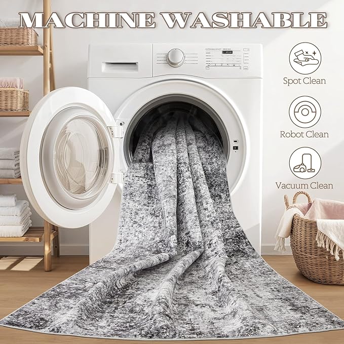 Washable Runner Rug for Hallway: 2.6x8 Neutral Modern Abstract Low Pile Area Rug with Non-Slip Backing - Carpet for Bedroom Kitchen Laundry Entryway Bathroom Indoor - Grey