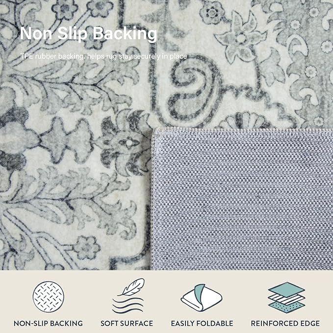 Lahome Area Rug 5x7 Washable Living Room Rug, Large Soft Bedroom Rug, Bohemian Medallion Non Slip Non Shedding Low Pile Accent Print Indoor Carpet for Dining Room Office Playroom, Beige