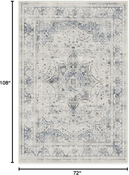 RUGGABLE Washable Vintage Area Rug – Sarrah Blue Quartz 6x9, Stain-Resistant, Non-Slip – Medium Machine Washable Rugs for Living Room, Bedroom, Hallway, Entryway & Office–with Cushioned Pad