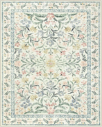 Lahome Boho Rugs for Living Room, Washable Large 8 x 10 Area Rugs for Bedroom Non Slip, Soft Ultra-Thin Distressed Floral Throw Carpet for Office Dining Room, Cream/Multi