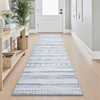 2x10 Runner Rug Machine Washable Non Slip Area Rug Distressed Neutral Moroccan Boho Rug Ultra Soft Floor Runners for Hallways for Entryway Laundry Room Kitchen, Blue