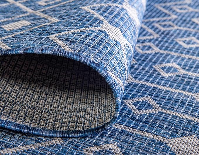 Unique Loom Outdoor Trellis Collection Area Rug - Tribal Trellis (2' x 6' 1" Runner, Blue/ Ivory)