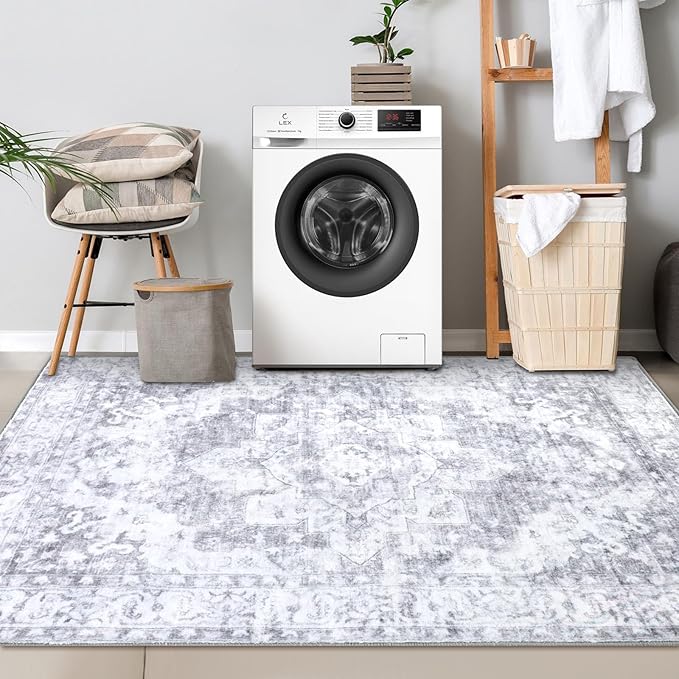 COMSLE 4x6 Rugs for Living Room Washable Area Rugs for Bedroom Faux Wool Distressed Throw Rugs Absorbent Non-Slip Floor Carpet for Indoor Kitchen Laundry Room Gray