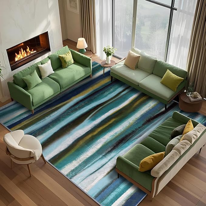 Abstract 8x10 Area Rug, Modern Stripe Teal Rugs for Living Room, Washable Soft Large Non-Slip Floor Carpet for Dining Room Office Bedroom Farmhouse Decor - Teal/Multi