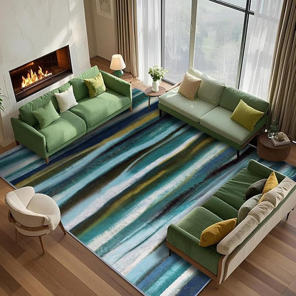 Abstract 9x12 Area Rug, Modern Stripe Teal Rugs for Living Room, Washable Soft Large Non-Slip Floor Carpet for Dining Room Office Bedroom Farmhouse Decor - Teal/Multi