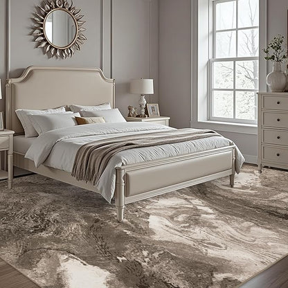 Abstract 9x12 Area Rugs: Modern Washable Rug for Living Room Bedroom Dining Room Indoor - Thin Low Pile Non-Slip Large Carpet - Beige Brown