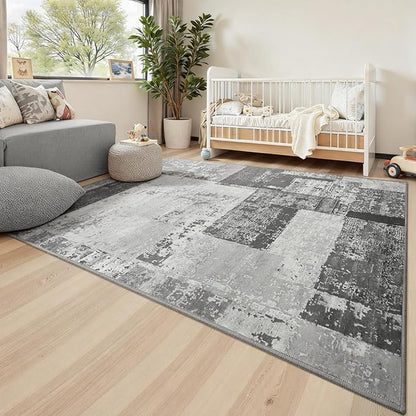 LOCHAS Rug for Living Room, Washable Soft Area Rugs for Bedroom 8x10, Abstract Carpet for Indoor Office Kids Dining Room Nursery Floor, Grey Geometric Vintage Home Decor, Non Slip, Pet Child Friendly