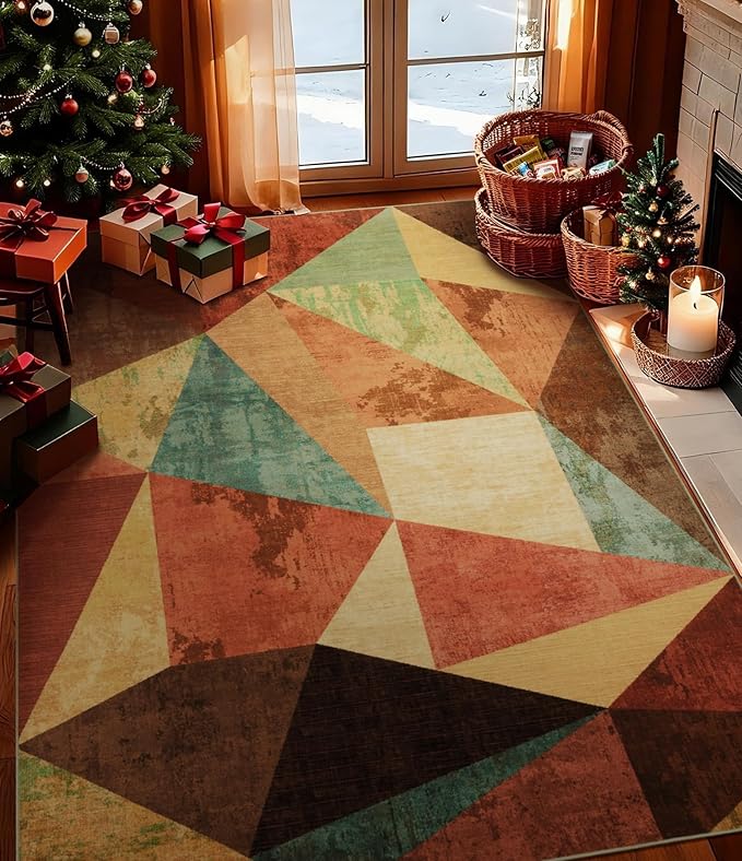 YIHOUSE Brown Area Rug 4x6,Geometric Burnt Orange Area Rug Non Slip,Farmhouse Rugs Washable,Vintage Burgundy Carpets for Bedroom, Boho Rug for Kitchen,Dining Room