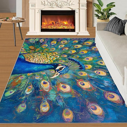 Peacock Rug Large - 5x8 Rug, Turquoise Teal Peafowl Washable Rugs for Living Room, Peafowl Decor Carpet, Modern Style Non-Slip Area Rugs for Bedroom, Aesthetics Carpet - Peafowl Home Decor & Gifts