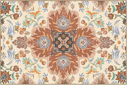 Phantoscope Washable Area Rug 4'x6' Non-Slip, Vintage Boho Rugs for Living Room, Bedroom, Dining Room, Fall Orange Floral Medallion Pattern, Low-Pile Foldable Floor Carpet, Rust/Multi Floral