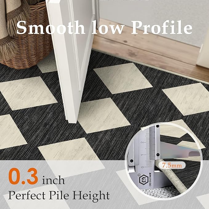 2x8 Runner Checkered Rug for Hallways Black Washable Long Carpet Non-Slip Low Pile Boho Indoor Accent Throw Rug for Entrance Kitchen Bedroom Dining Laundry