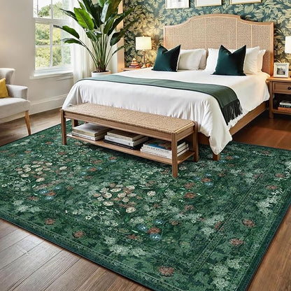 Green Boho Living Room 5x7 Area Rug, Floral Washable Vintage Distressed Rug for Dining Room Under Table, Bedroom, Nursery, Home Office - Low Pile Non Slip Art Deco Carpet, Farmhouse Accent Mat