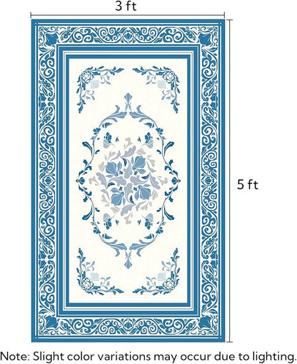 SOULFUL Medium Pile 3x5 Area Rug - Cozy Soft Underfoot Small Entryway Rug - Blue Boho Floral - Washable Non-Slip - Perfect for Living Room Bedroom Foot Kids Room Reading Nook