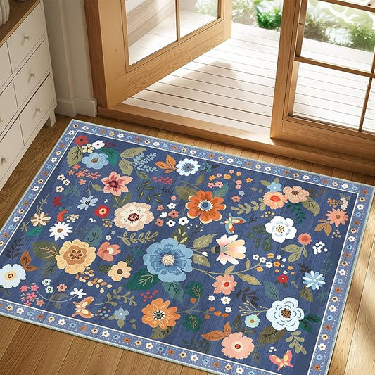 Floral 2x3 Area Rug Machine Washable Soft Print Boho Carpet Non Slip Doormat Low Pile Flower Area Rugs for Living Room Bedroom Nursery Kitchen Dining Room Indoor-Blue/Grey