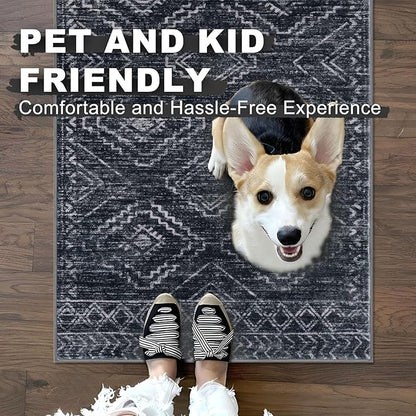 KILOCOCO Boho Kitchen Runner Rug 2x6 Washable Runner Rug, Soft Runners for Hallways Non Slip Printed Distressed Laundry Room Rug, Low-Pile Rug for Entryway/Bedroom/Living Room, Charcoal