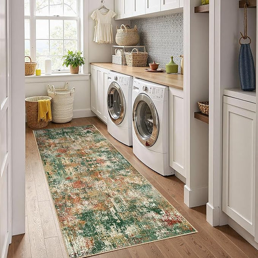 Washable Area Rugs 2'x6' Non-Slip Modern Abstract Soft for Living Room Entryway Bedroom Nursery, Print Pattern, Green Orange Rust Red Cream Colorful