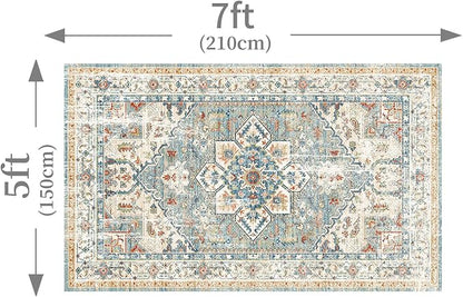 Enkor Area Soft Rugs 5x7 Washable Non Slip Boho Floor Rugs for Living Room Bedroom, Vintage Style Farmhouse Mat for Kitchen Entryway Beige & Green