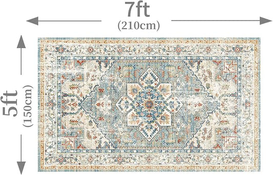Enkor Area Soft Rugs 5x7 Washable Non Slip Boho Floor Rugs for Living Room Bedroom, Vintage Style Farmhouse Mat for Kitchen Entryway Beige & Green