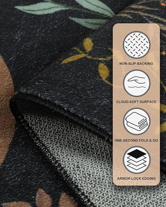 Boho Washable Area Rug 6x9 for Living Room, Bedroom, Office, Playroom, Kitchen or Dining Room, Soft Floral Carpet for Indoor Use, Easy Care Non-Slip Design (Black)