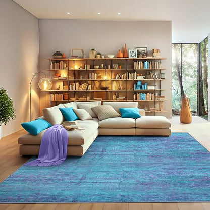 10x12 Abstract Area Rugs for Living Room, Modern Teal Purple Washable Indoor Rug for Bedroom, Soft Large Non-Slip Carpet for Dining Room Home Office Farmhouse Decor - Teal+Purple