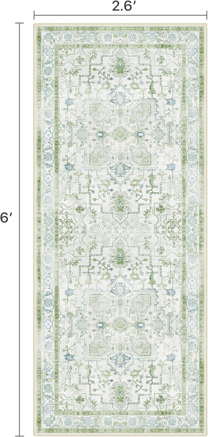 Runner Rug 2'6''x6 Non Slip Machine Washable Vintage Hallway Runner Rug, Low PileLight Weight Rugs for Entryway, Hallway, Kitchen and Corridor, Cream Green