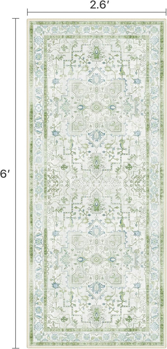 Runner Rug 2'6''x6 Non Slip Machine Washable Vintage Hallway Runner Rug, Low PileLight Weight Rugs for Entryway, Hallway, Kitchen and Corridor, Cream Green