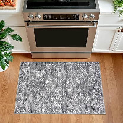 KILOCOCO Boho Entryway Rug 2x3 Printed Small Area Rug Indoor Door Mat Machine Washable Kitchen Rugs Super Soft Non Slip Throw Rugs for Bedroom Entrance Geometric Laundry Room, Grey