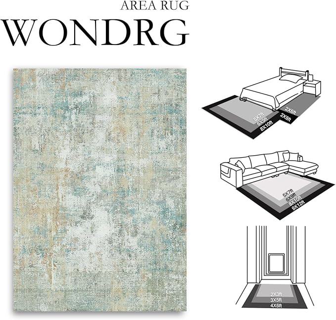 12x15 Area Rug Teal Beige Abstract Living Room Bedroom Washable Carpet Neutral Modern Non-Slip Soft Low Pile Lightweight Vacuumable Large Throw Rug for Dining Room