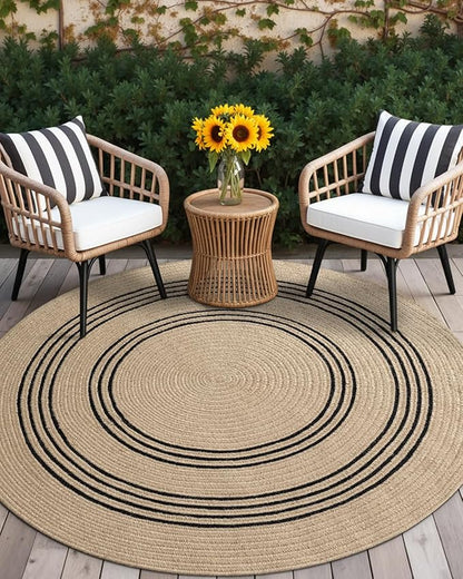 DEXI Round Jute Rug Natural Fiber 5x5, Braided Woven Area Rugs No Shed, Soft Neutral Rustic Carpet Mat for Indoor Outdoor Patio Dining Living Room Bedroom Farmhouse, 5ft, Beige/Black