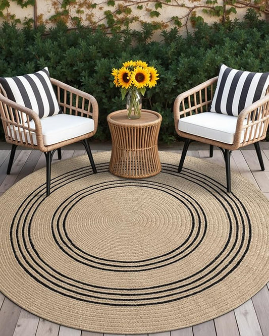 DEXI Round Jute Rug Natural Fiber 5x5, Braided Woven Area Rugs No Shed, Soft Neutral Rustic Carpet Mat for Indoor Outdoor Patio Dining Living Room Bedroom Farmhouse, 5ft, Beige/Black