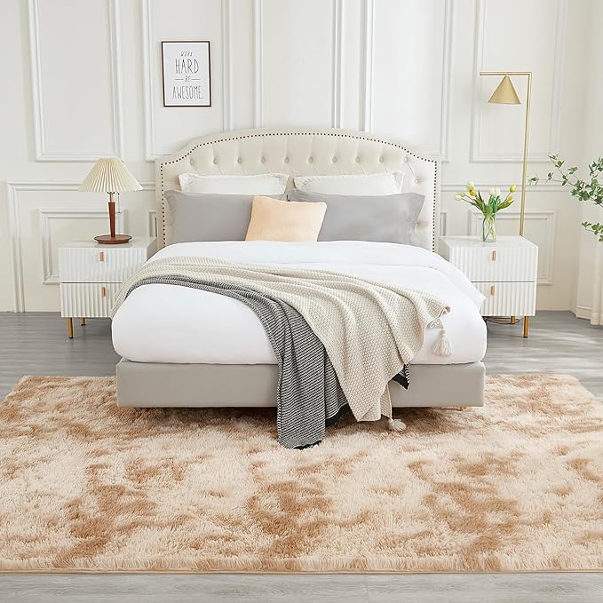 Andency 6x9 Area Rugs, Large Shag Fluffy Soft Shaggy Rugs for Living Room Bedroom, Non-Slip Tie-Dyed Beige Thick Plush Carpet for Kids Girls and Boys, Dorm Nursery Home Decor Aesthetic